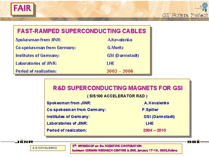 FAIR FAST-RAMPED SUPERCONDUCTING CABLES Spokesman from JINR: A. Kovalenko Co-spokesman from Germany: G. Moritz