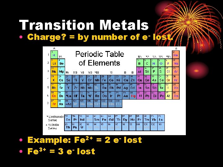 Transition Metals • Charge? = by number of e- lost. • Example: Fe 2+