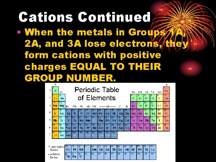 Cations Continued • When the metals in Groups 1 A, 2 A, and 3