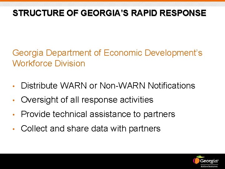 STRUCTURE OF GEORGIA’S RAPID RESPONSE Georgia Department of Economic Development’s Workforce Division • Distribute