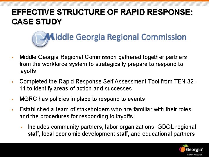 EFFECTIVE STRUCTURE OF RAPID RESPONSE: CASE STUDY • Middle Georgia Regional Commission gathered together