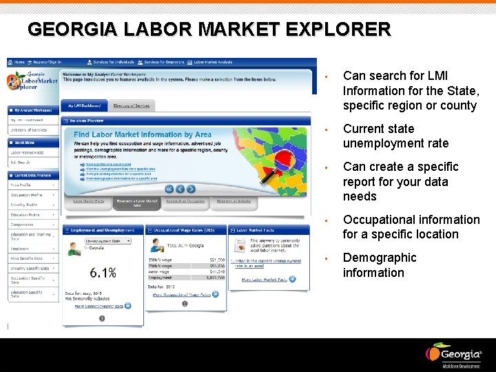 GEORGIA LABOR MARKET EXPLORER • Can search for LMI Information for the State, specific