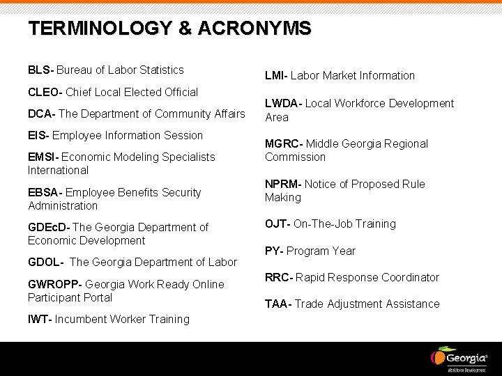 TERMINOLOGY & ACRONYMS BLS- Bureau of Labor Statistics CLEO- Chief Local Elected Official DCA-