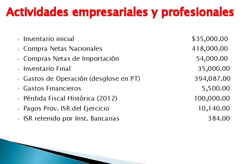 Actividades empresariales y profesionales • Inventario inicial $35, 000. 00 • Compra Netas Nacionales