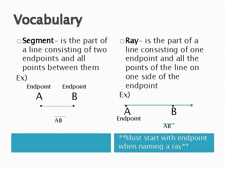 Vocabulary � Segment- is the part of a line consisting of two endpoints and