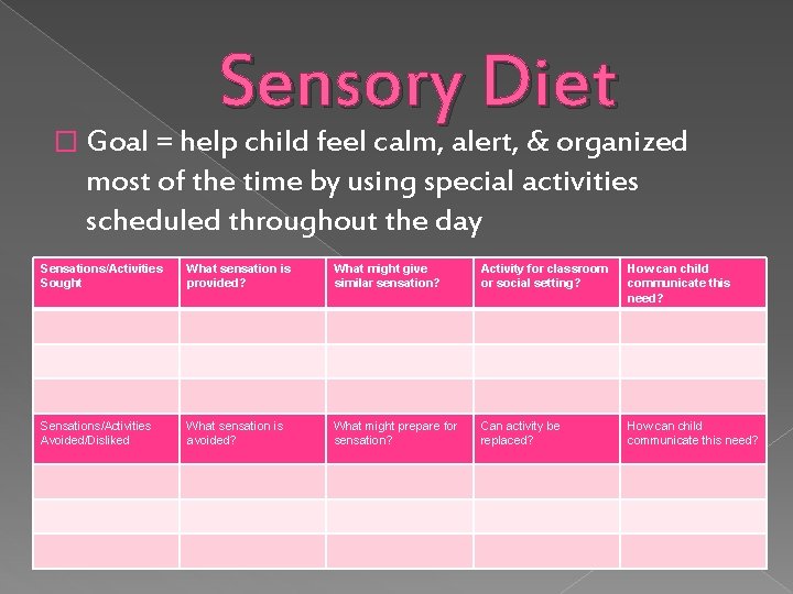 Sensory Diet � Goal = help child feel calm, alert, & organized most of
