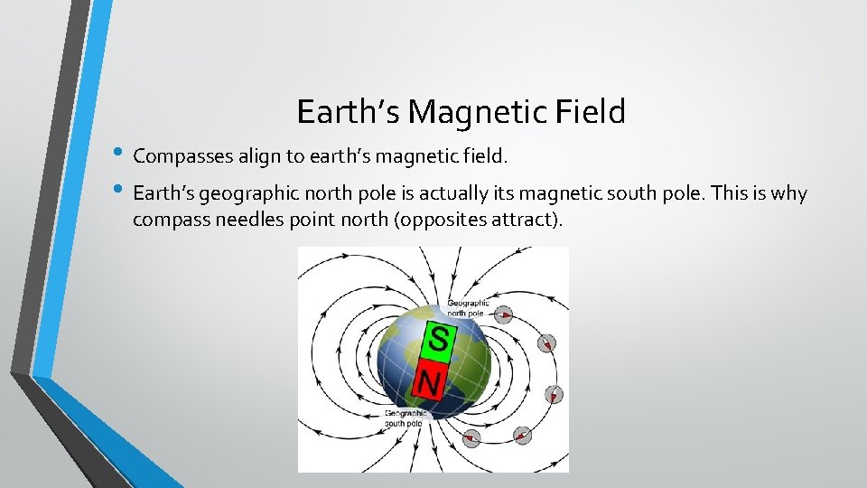 Earth’s Magnetic Field • Compasses align to earth’s magnetic field. • Earth’s geographic north