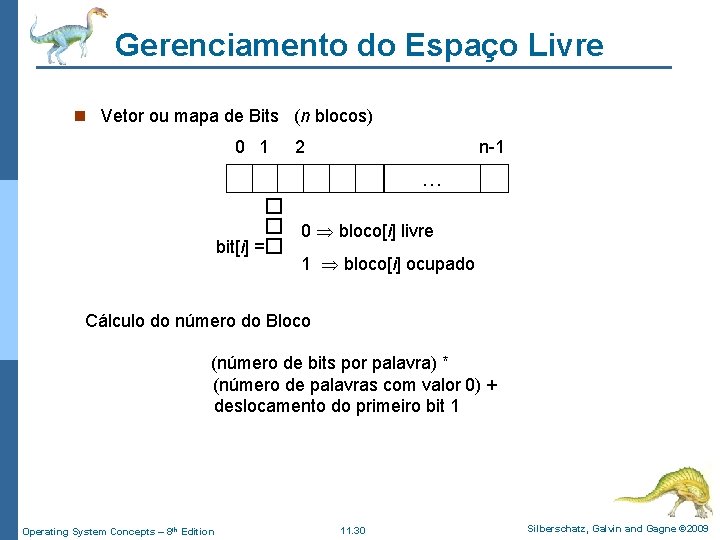 Gerenciamento do Espaço Livre n Vetor ou mapa de Bits (n blocos) 0 1