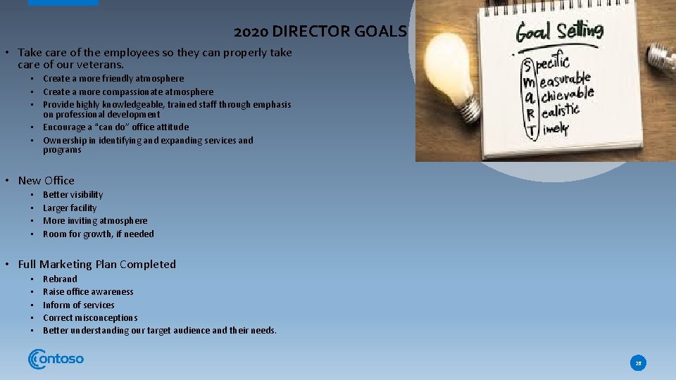 2020 DIRECTOR GOALS • Take care of the employees so they can properly take