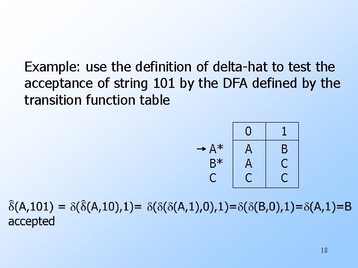 Example: use the definition of delta-hat to test the acceptance of string 101 by
