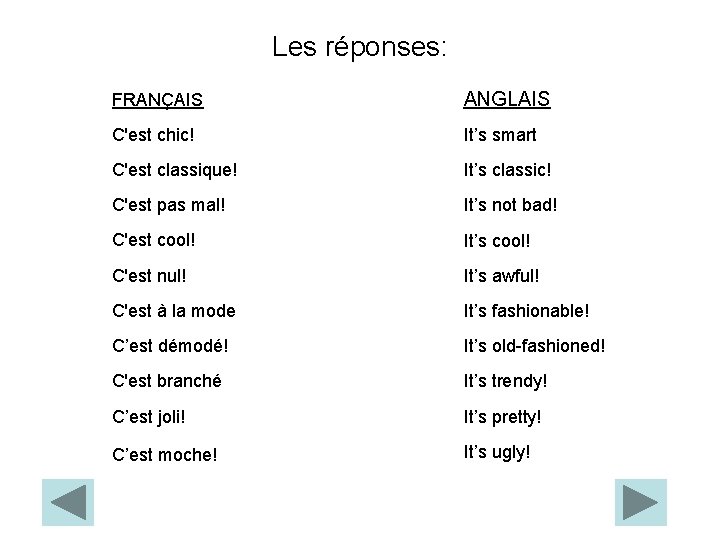 Les réponses: FRANÇAIS ANGLAIS C'est chic! It’s smart C'est classique! It’s classic! C'est pas