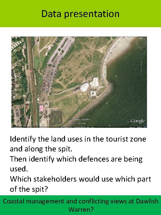 Data presentation Identify the land uses in the tourist zone and along the spit.