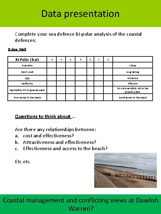 Data presentation Complete your sea defence bi-polar analysis of the coastal defences: B: Sea