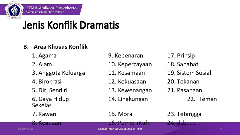 STMIK Amikom Purwokerto “Sarana Pasti Meraih Prestasi” Jenis Konflik Dramatis B. Area Khusus Konflik