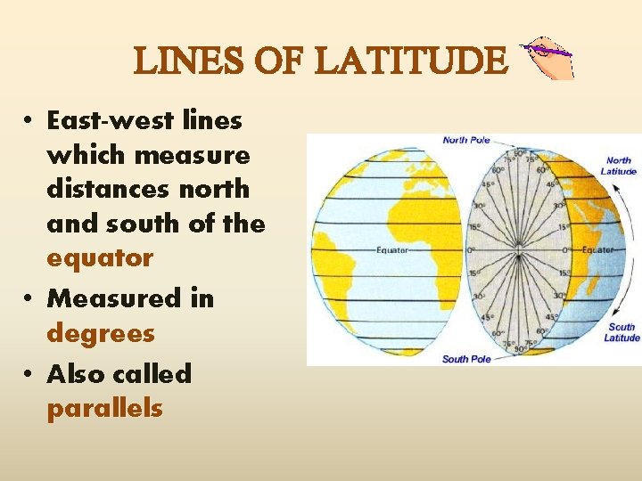 LINES OF LATITUDE • East-west lines which measure distances north and south of the
