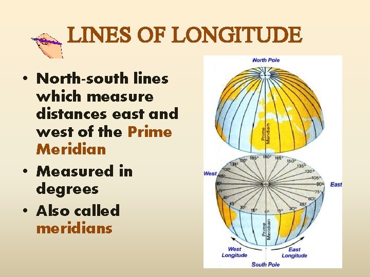 LINES OF LONGITUDE • North-south lines which measure distances east and west of the
