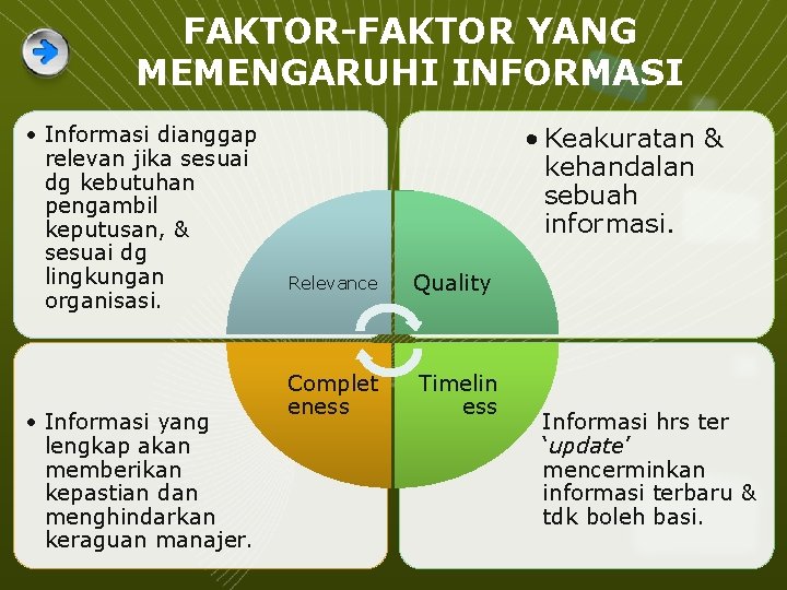 FAKTOR-FAKTOR YANG MEMENGARUHI INFORMASI • Informasi dianggap relevan jika sesuai dg kebutuhan pengambil keputusan,