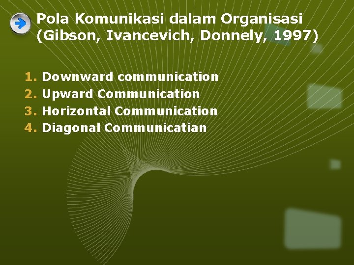 Pola Komunikasi dalam Organisasi (Gibson, Ivancevich, Donnely, 1997) 1. 2. 3. 4. Downward communication