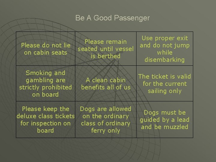 Be A Good Passenger Please do not lie on cabin seats Smoking and gambling