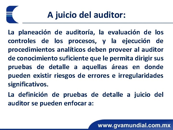 A juicio del auditor: La planeación de auditoría, la evaluación de los controles de