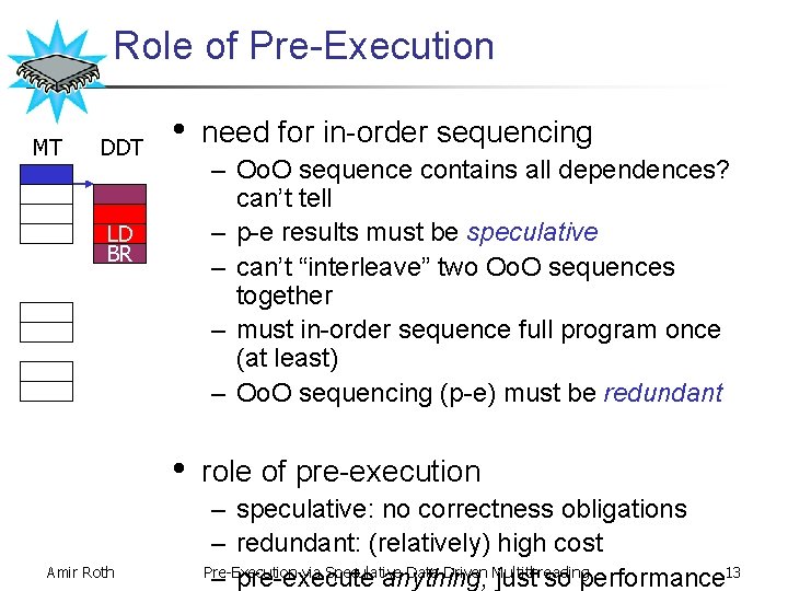 Role of Pre-Execution MT DDT • – Oo. O sequence contains all dependences? can’t