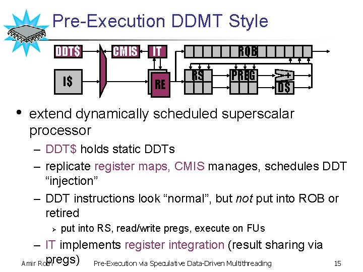 Pre-Execution DDMT Style DDT$ I$ • CMIS IT RE RE ROB RS PREG +
