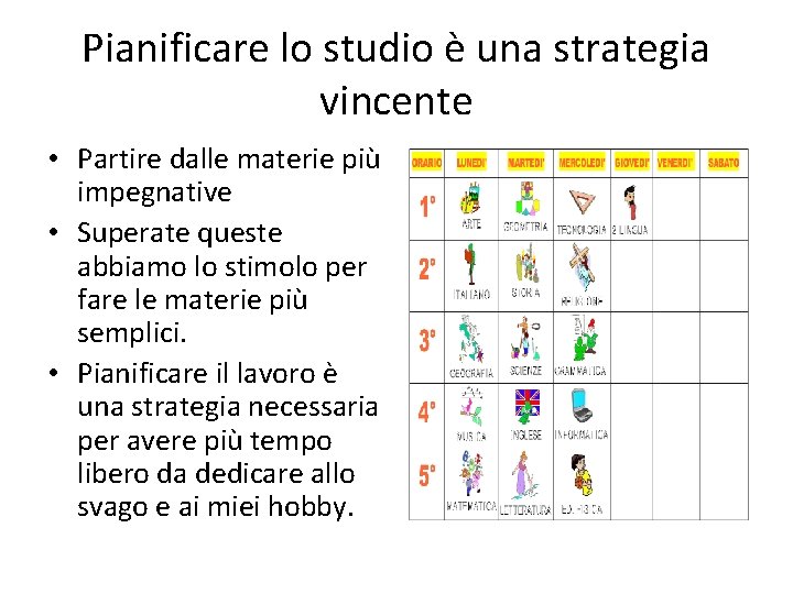 Pianificare lo studio è una strategia vincente • Partire dalle materie più impegnative •