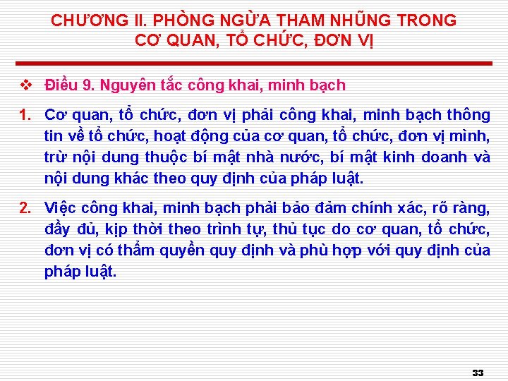 CHƯƠNG II. PHÒNG NGỪA THAM NHŨNG TRONG CƠ QUAN, TỔ CHỨC, ĐƠN VỊ v