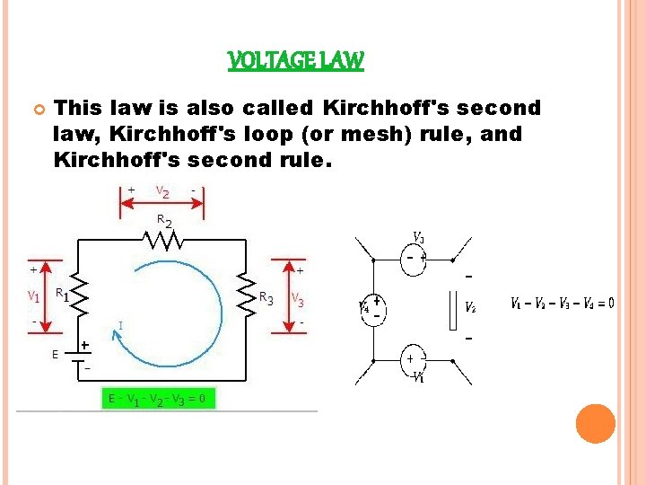 VOLTAGE LAW This law is also called Kirchhoff's second law, Kirchhoff's loop (or mesh) VOLTAGE LAW This law is also called Kirchhoff's second law, Kirchhoff's loop (or mesh)