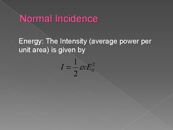 Normal Incidence Energy: The Intensity (average power per unit area) is given by 