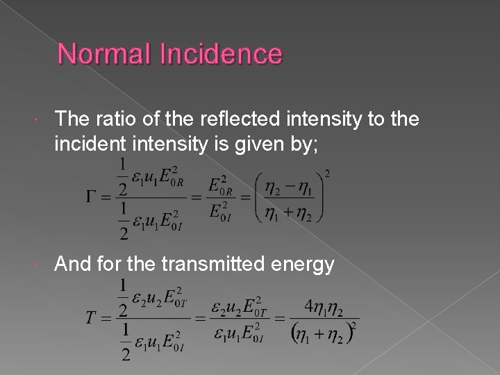 Normal Incidence The ratio of the reflected intensity to the incident intensity is given