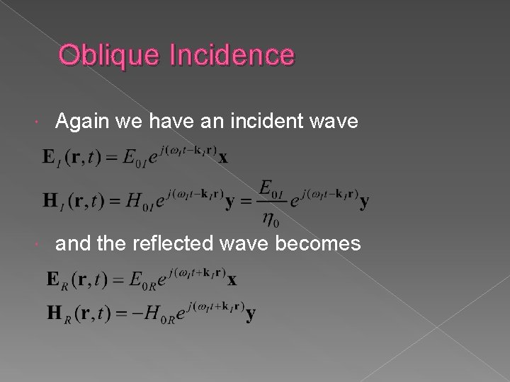 Oblique Incidence Again we have an incident wave and the reflected wave becomes 