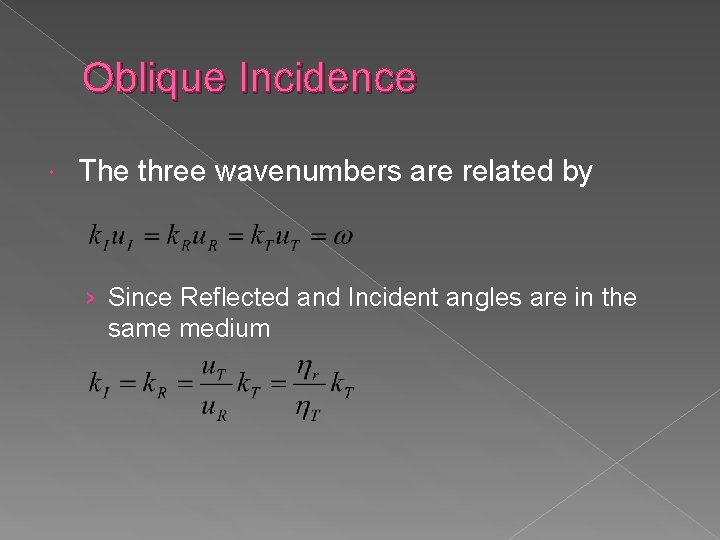 Oblique Incidence The three wavenumbers are related by › Since Reflected and Incident angles