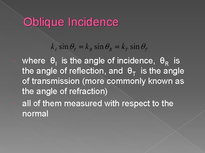 Oblique Incidence where θI is the angle of incidence, θR is the angle of