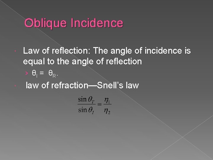 Oblique Incidence Law of reflection: The angle of incidence is equal to the angle