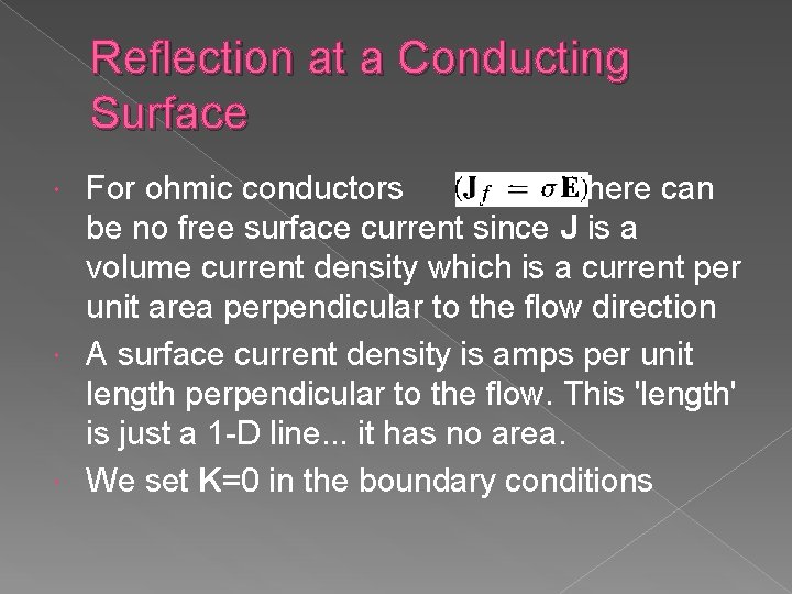 Reflection at a Conducting Surface For ohmic conductors there can be no free surface