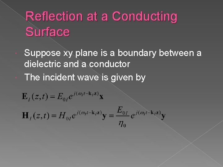 Reflection at a Conducting Surface Suppose xy plane is a boundary between a dielectric