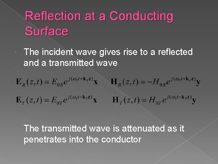Reflection at a Conducting Surface The incident wave gives rise to a reflected and