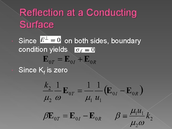 Reflection at a Conducting Surface Since on both sides, boundary condition yields Since Kf