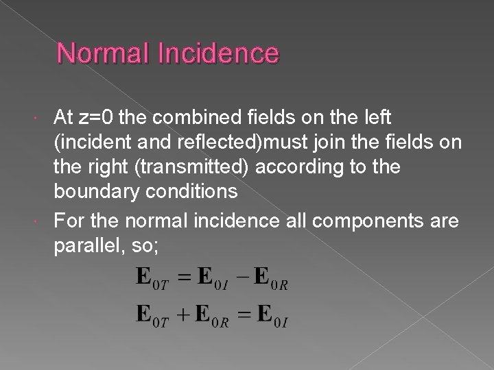 Normal Incidence At z=0 the combined fields on the left (incident and reflected)must join