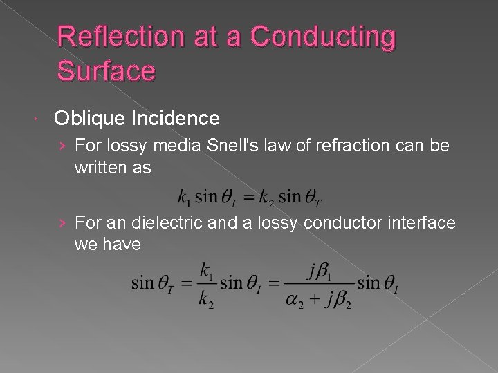 Reflection at a Conducting Surface Oblique Incidence › For lossy media Snell's law of