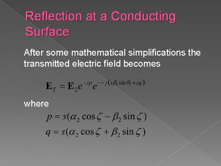 Reflection at a Conducting Surface After some mathematical simplifications the transmitted electric field becomes