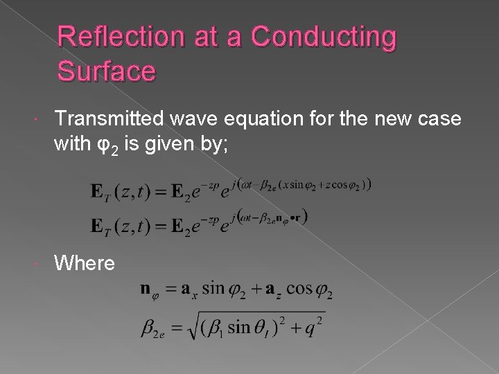 Reflection at a Conducting Surface Transmitted wave equation for the new case with φ2