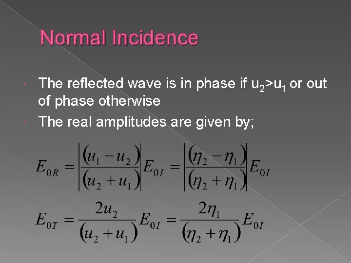 Normal Incidence The reflected wave is in phase if u 2>u 1 or out