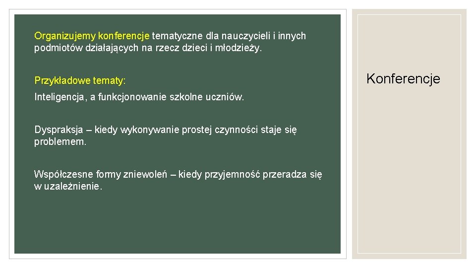 Organizujemy konferencje tematyczne dla nauczycieli i innych podmiotów działających na rzecz dzieci i młodzieży.