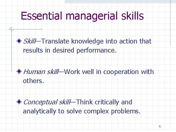 Essential managerial skills Skill—Translate knowledge into action that results in desired performance. Human skill—Work