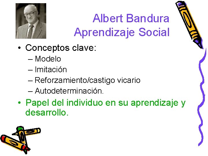 Albert Bandura Aprendizaje Social • Conceptos clave: – Modelo – Imitación – Reforzamiento/castigo vicario