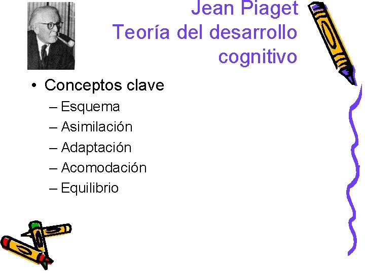 Jean Piaget Teoría del desarrollo cognitivo • Conceptos clave – Esquema – Asimilación –
