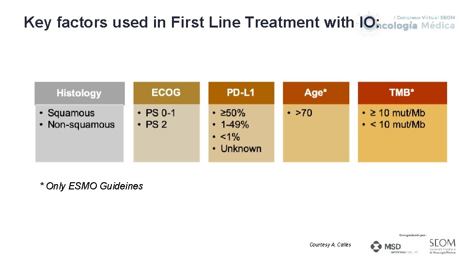 Key factors used in First Line Treatment with IO: * Only ESMO Guideines Courtesy