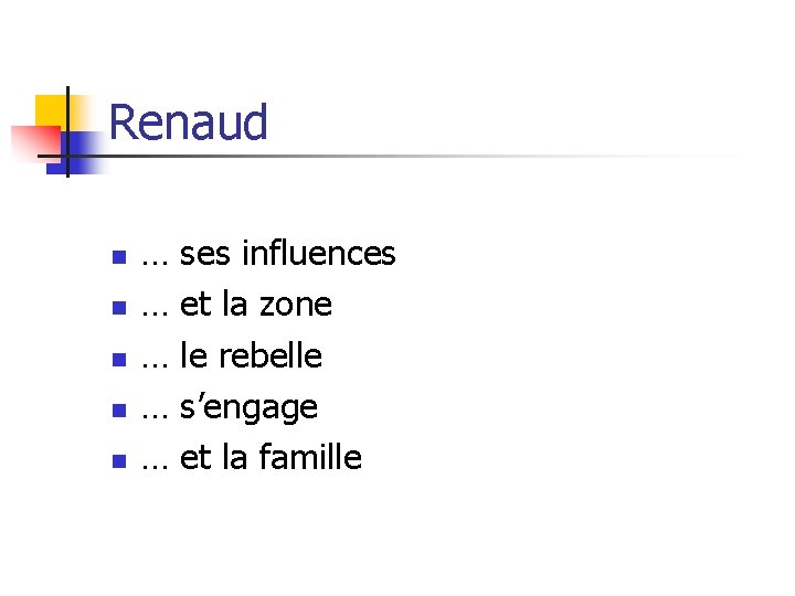 Renaud n n n … … … ses influences et la zone le rebelle Renaud n n n … … … ses influences et la zone le rebelle